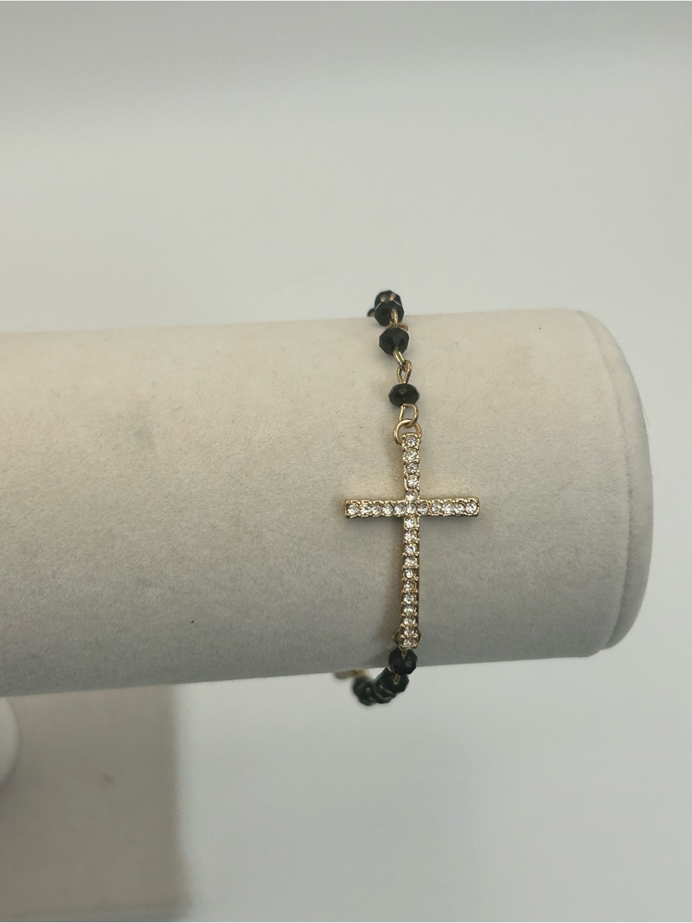 Aldo Crystal Cross Bracelet Black Beads Gold-tone 7" - 9" Dainty